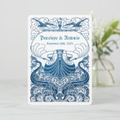 Invitations bleues nautiques vintages de mariage (Debout devant)