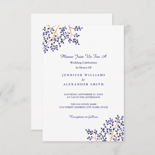 Invitations bleues simples de mariage de nature (Devant / Derrière)