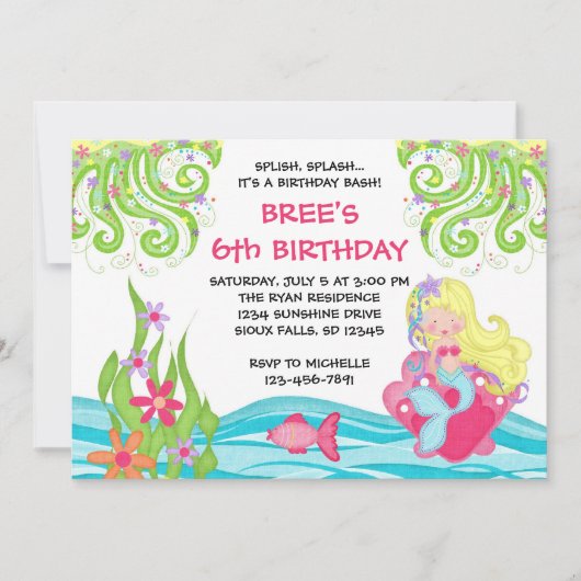 Invitations blondes d'anniversaire de sirène (Devant)
