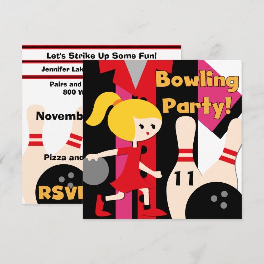 Invitations blondes de partie de bowling de fille (Devant / Derrière)
