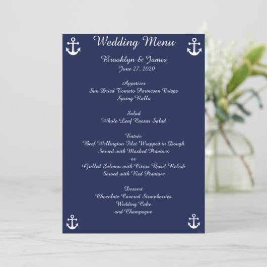 Invitations Blue Nautical Wedding Menu Custom (Debout devant)
