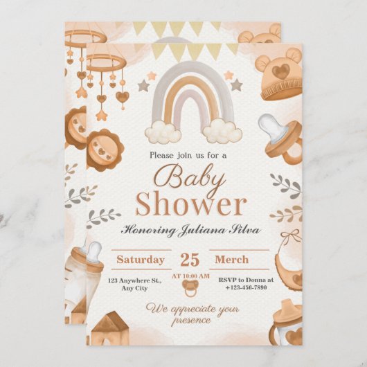 Invitations Brown à la douche bébé (Devant / Derrière)