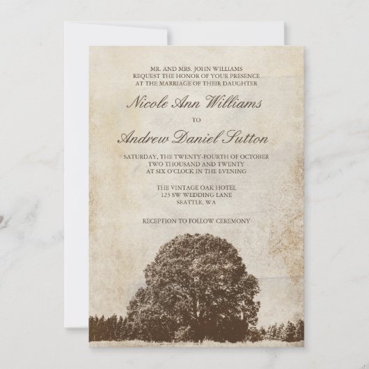 Invitations Brown de mariage de chêne de cru (Devant)