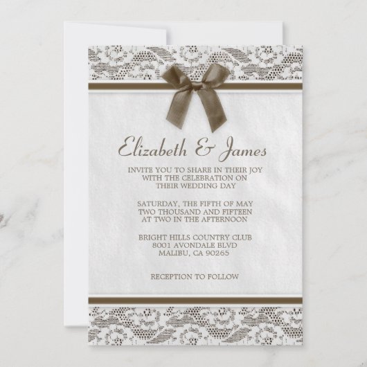 Invitations Brown de mariage de dentelle de pays (Devant)