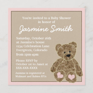 Invitations brunes roses de baby shower d'ours de