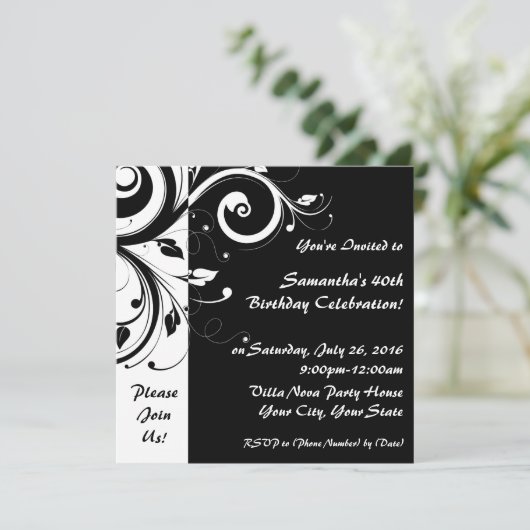 Invitations carré Black+White Reverse Swirl Party (Debout devant)