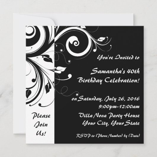 Invitations carré Black+White Reverse Swirl Party (Devant)