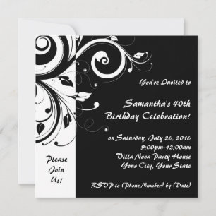 Invitations carré Black+White Reverse Swirl Party