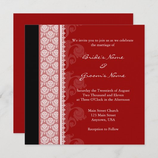 Invitations Carrés Red & Black Mariage damassé (Devant / Derrière)