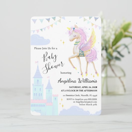 Invitations cartes à Baby shower plat avec licorne (Debout devant)