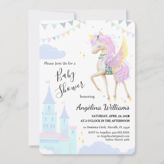 Invitations cartes à Baby shower plat avec licorne (Devant)