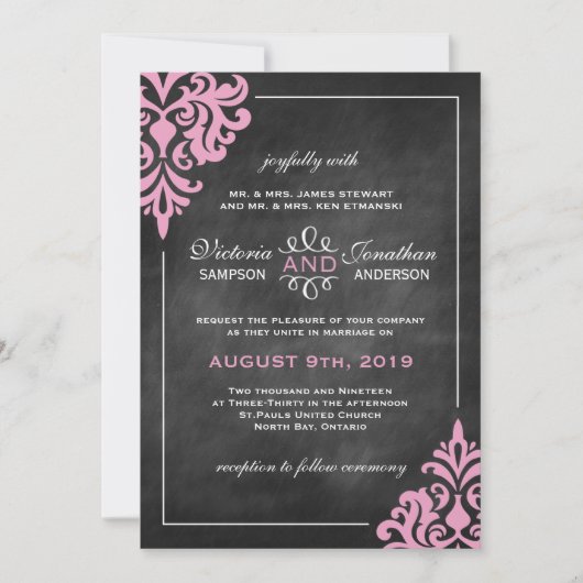 Invitations Chalkboard et Pink Mariage damassé (Devant)