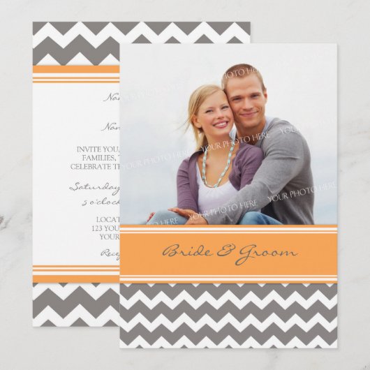 Invitations Chevron orange gris de mariage de (Devant / Derrière)