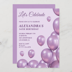 Invitations chic 34e anniversaire Ballons violet