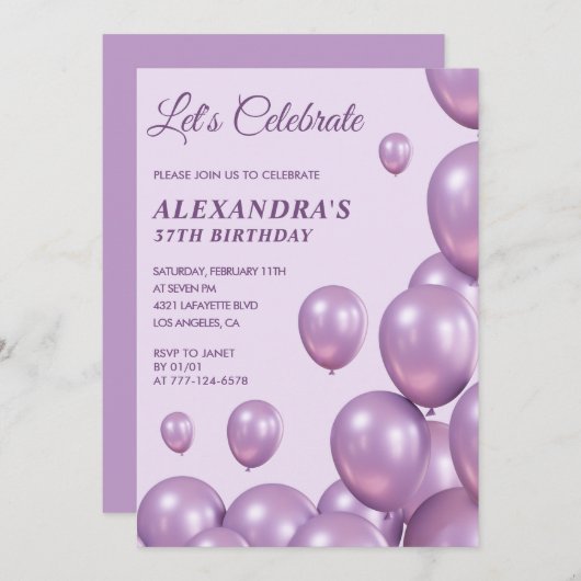 Invitations chic 37e anniversaire Ballons violet (Devant / Derrière)