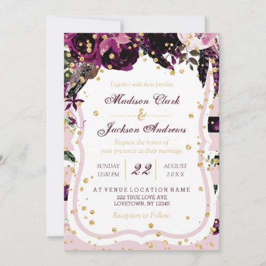 Invitations Chic Dark Purple Floral & Gold Wedding (Devant)