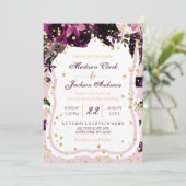 Invitations Chic Dark Purple Floral & Gold Wedding (Debout devant)