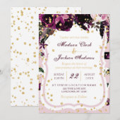 Invitations Chic Dark Purple Floral & Gold Wedding (Devant / Derrière)