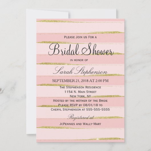 Invitations Chic Gold Rose Stripes Douche nuptiale (Devant)