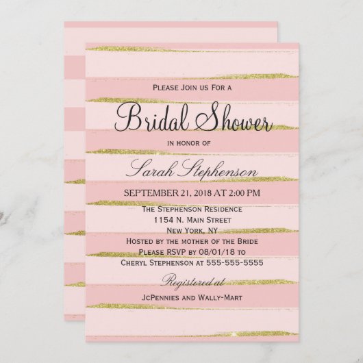 Invitations Chic Gold Rose Stripes Douche nuptiale (Devant / Derrière)