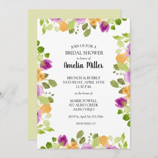 Invitations Chic Purple Floral Douche nuptiale (Devant / Derrière)