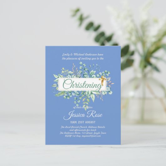 Invitations Christening Eucalyptus Budget vert (Debout devant)