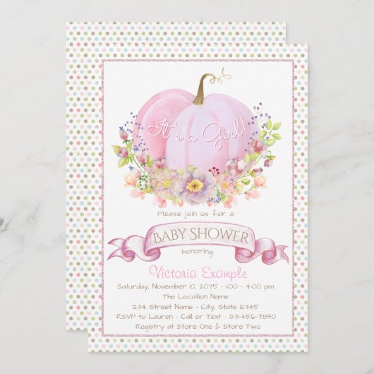Invitations Citrouille rose douche bébé (Devant / Derrière)