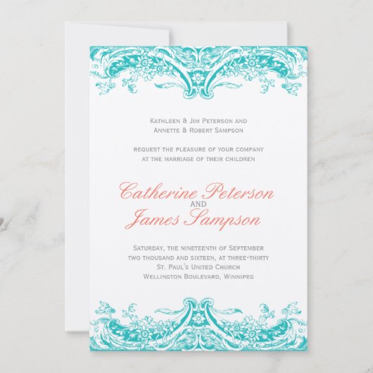 Invitations classiques de mariage turquoise et cor (Devant)