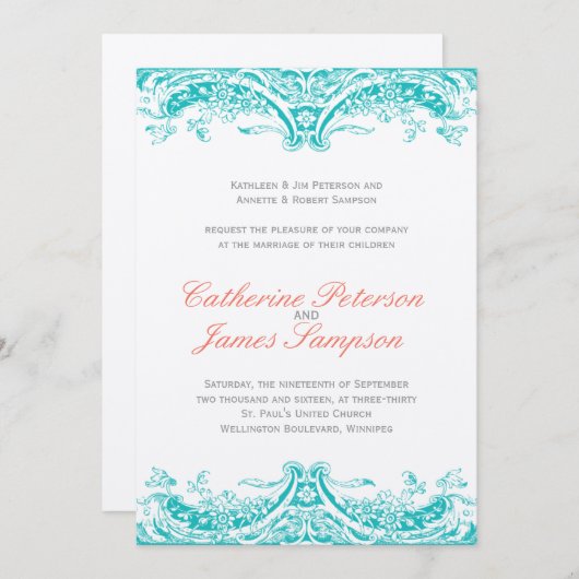 Invitations classiques de mariage turquoise et cor (Devant / Derrière)