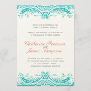 Invitations classiques de mariage turquoise et cor