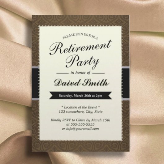 Invitations Classy Brown Damask Retraite Party