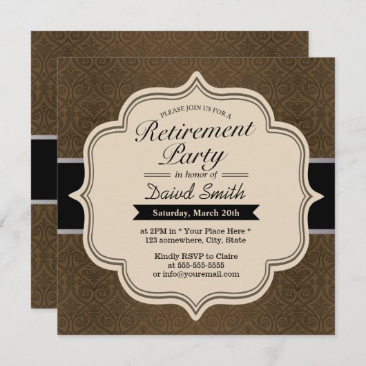 Invitations Classy Brown Damask Retraite Party (Devant / Derrière)