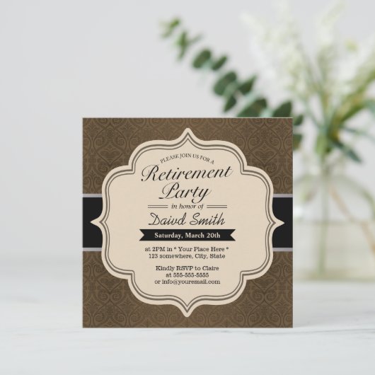 Invitations Classy Brown Damask Retraite Party (Debout devant)