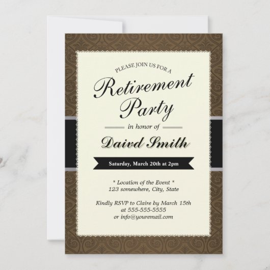 Invitations Classy Brown Damask Retraite Party (Devant)