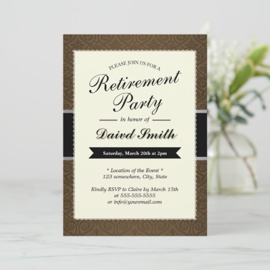 Invitations Classy Brown Damask Retraite Party (Debout devant)