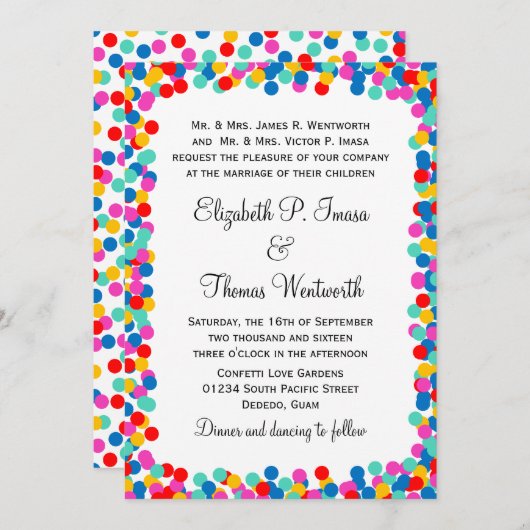 Invitations colorées de mariage de confettis (Devant / Derrière)