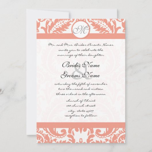 Invitations Coral & Grey Mariage damassé (Devant)