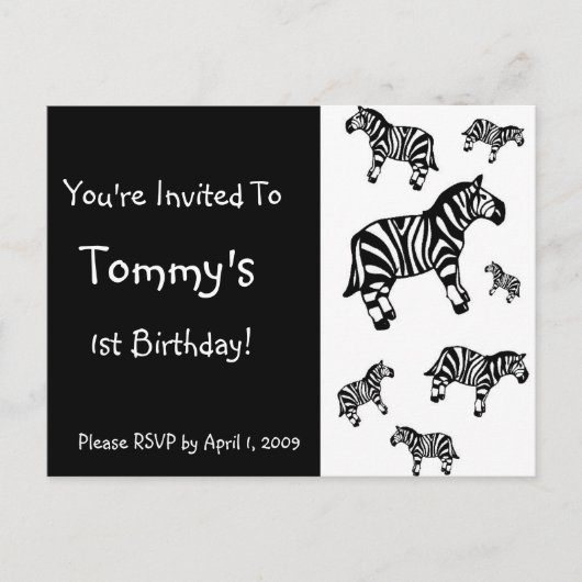 Invitations customisées à la fête Zèbre (Devant)