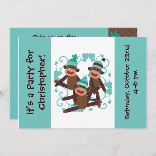 Invitations customisées Boy Sock Monkey 5x7 (Devant / Derrière)