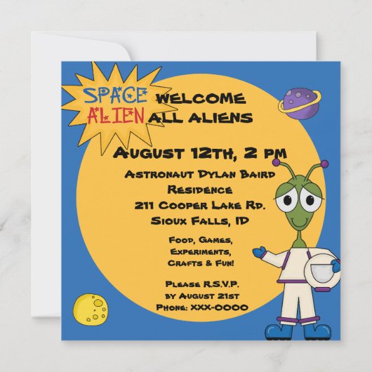 Invitations customisées d'anniversaire d'alien (Dos)