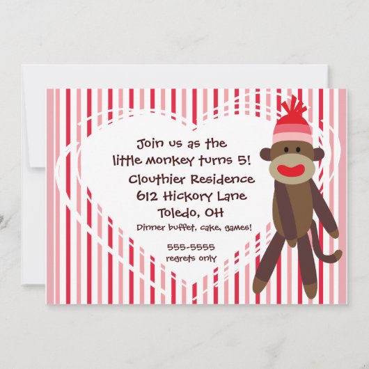 Invitations customisées du singe 5x7 de chaussette (Dos)