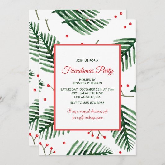 Invitations d'amis Élégant Noël À feuillage persis (Devant / Derrière)