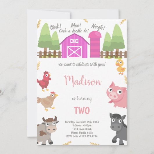 Invitations d'animaux de ferme roses (Devant)