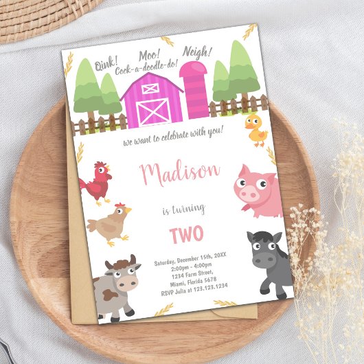 Invitations d'animaux de ferme roses