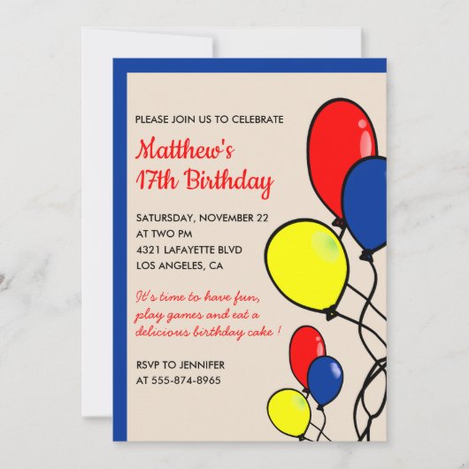 Invitations d'anniversaire 17 ans simples Ballons  (Devant)