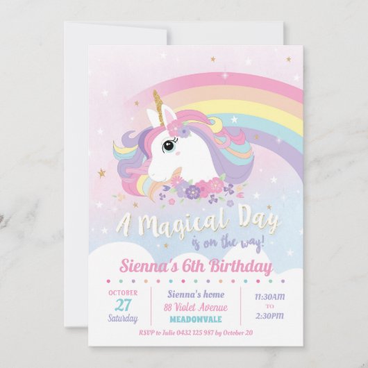 Invitations d'anniversaire à l'Unicorne Rainbow Gi (Devant)