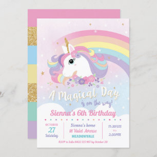 Invitations d'anniversaire à l'Unicorne Rainbow Gi