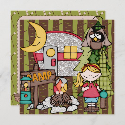 Invitations d'anniversaire au camping pour filles  (Devant / Derrière)