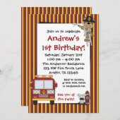 Invitations d'anniversaire au singe du camion-feu (Devant / Derrière)