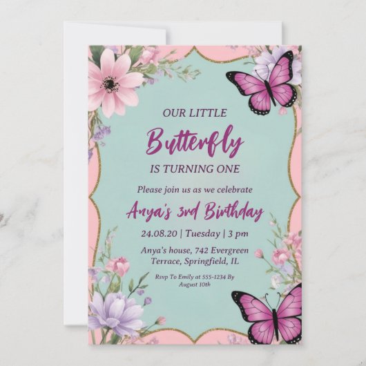 invitations d'anniversaire aux papillons roses et (Devant)
